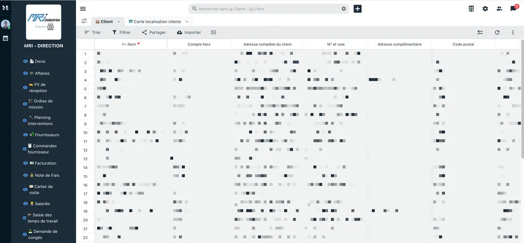 L'ERP métier de MRI Industries : le menu latéral liste les modules — devis, affaires, PV de réception, ordres de mission, planning, fournisseurs, commandes, facturation, notes de frais et saisie des temps