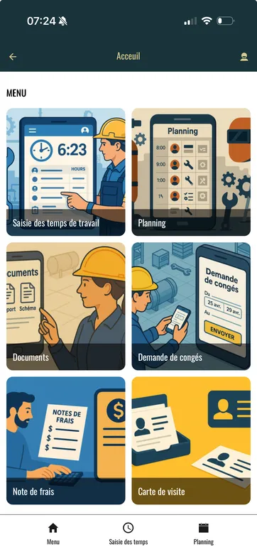 Le menu de l'application mobile MRI Industries : planning, documents, demande de congés, note de frais et carte de visite accessibles depuis le téléphone