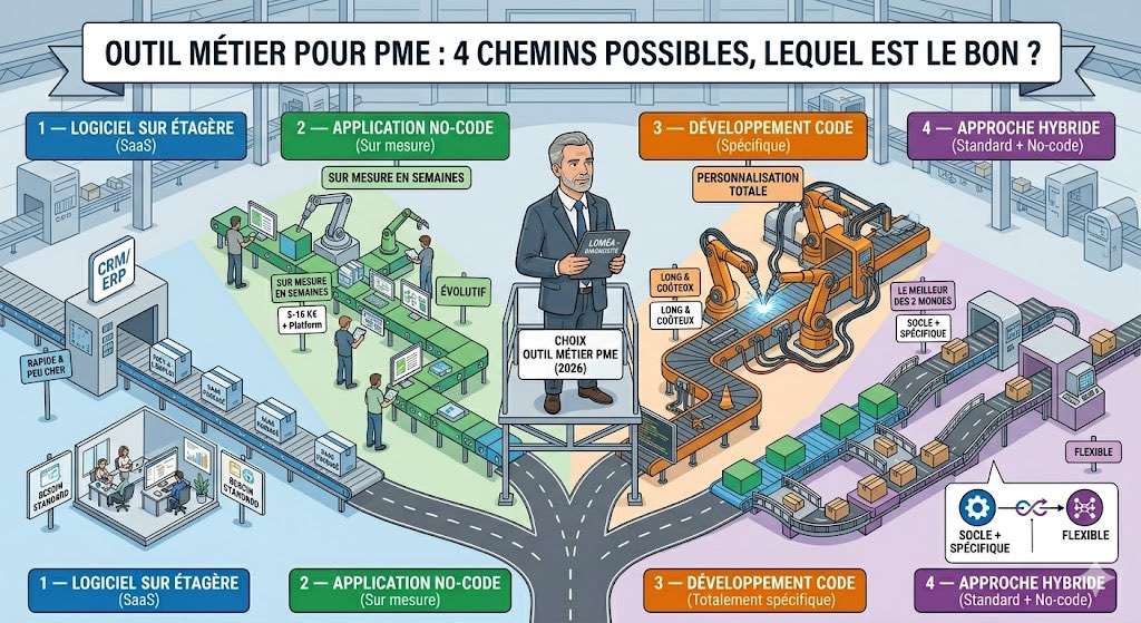 Schéma illustrant les 4 chemins pour équiper une PME d'un outil métier — logiciel sur étagère, application no-code, développement code, approche hybride — avec un dirigeant au centre face au choix