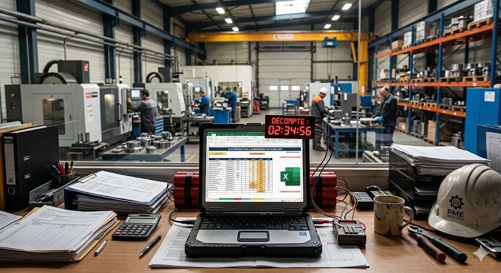 Ordinateur portable affichant un fichier Excel critique entouré de bâtons de dynamite dans un atelier industriel, avec un compte à rebours rouge — métaphore du risque d'un Excel pilote de production