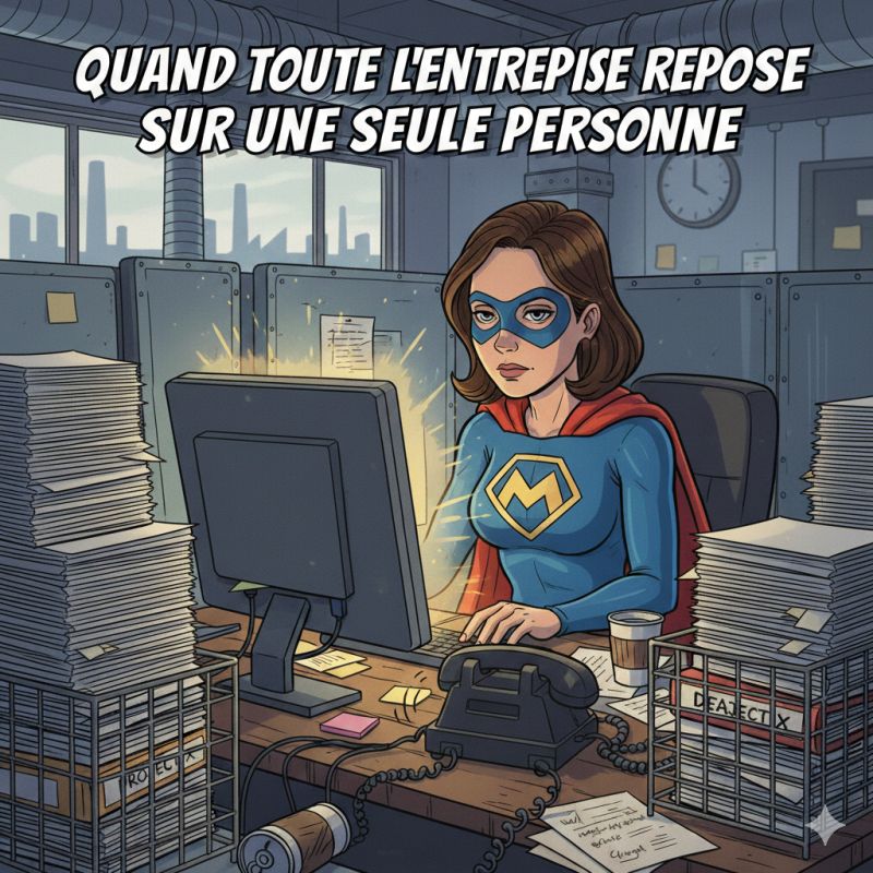 Illustration d'une employée super-héros à son bureau, symbolisant la personne qui porte seule toute la mémoire de l'entreprise